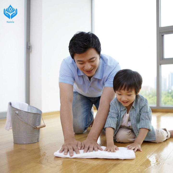 Con cái dọn dẹp phụ giúp gia đình.