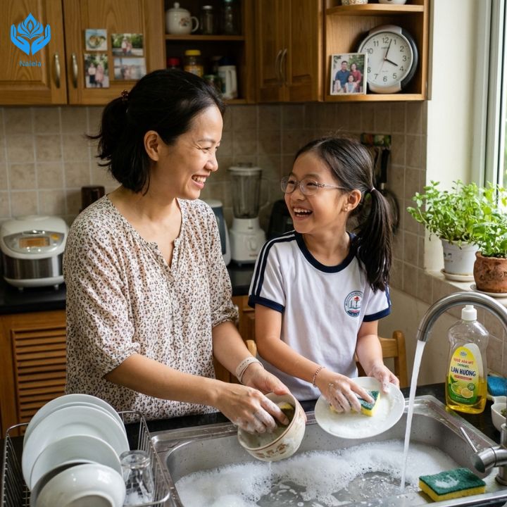 2 Mẹ con kết nối, hiểu nhau hơn thông qua làm việc nhà